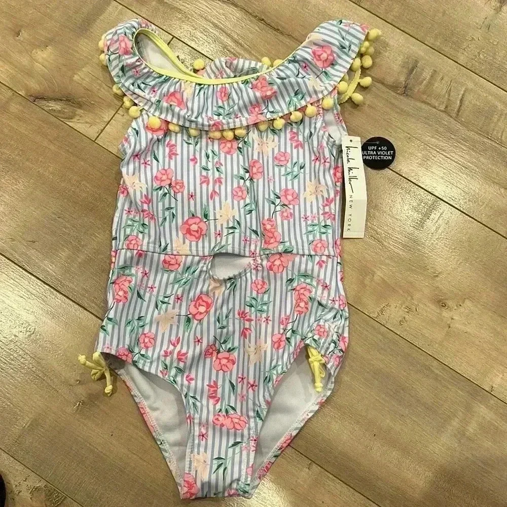 4/$25 NWT Nicole Miller One Piece Floral Striped Pom Pom Swim Suit Girls M (10)